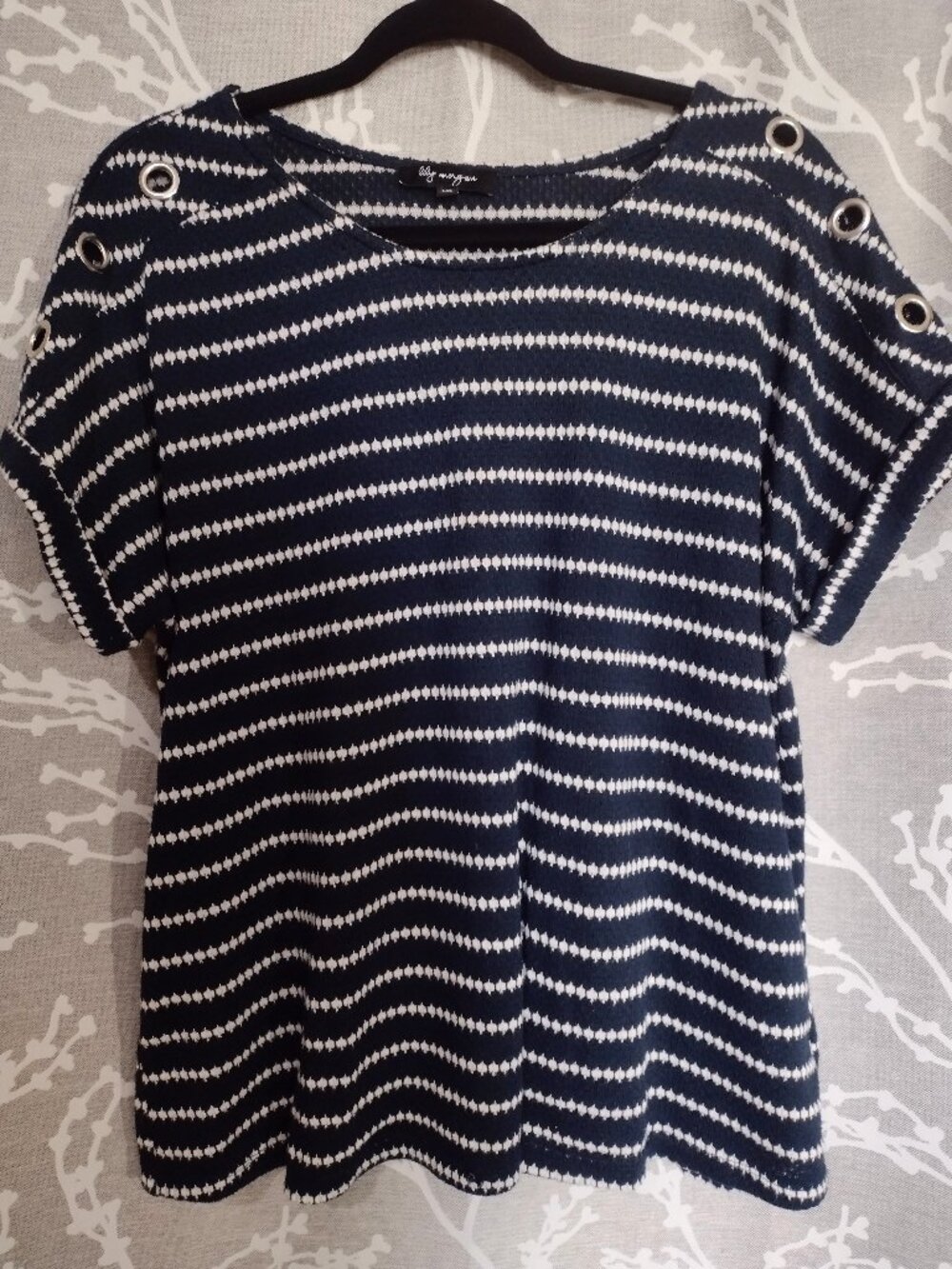 Lily Morgan Navy and White Striped Tee with Grommet Details